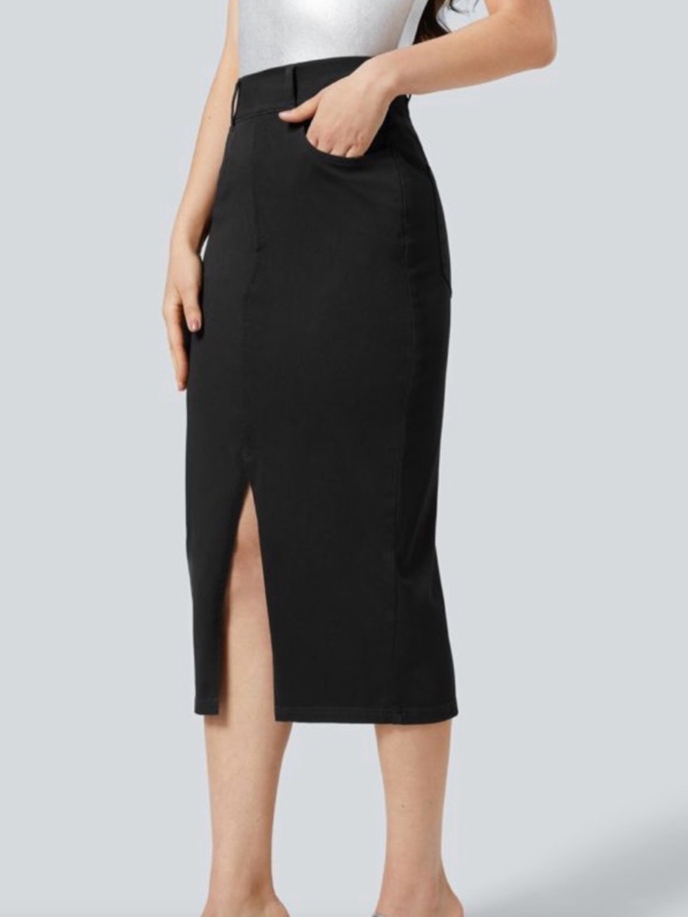 HALARA Black High-Waist Midi Pencil Skirt with Center Front Slit With Shorts - Picture 4 of 8